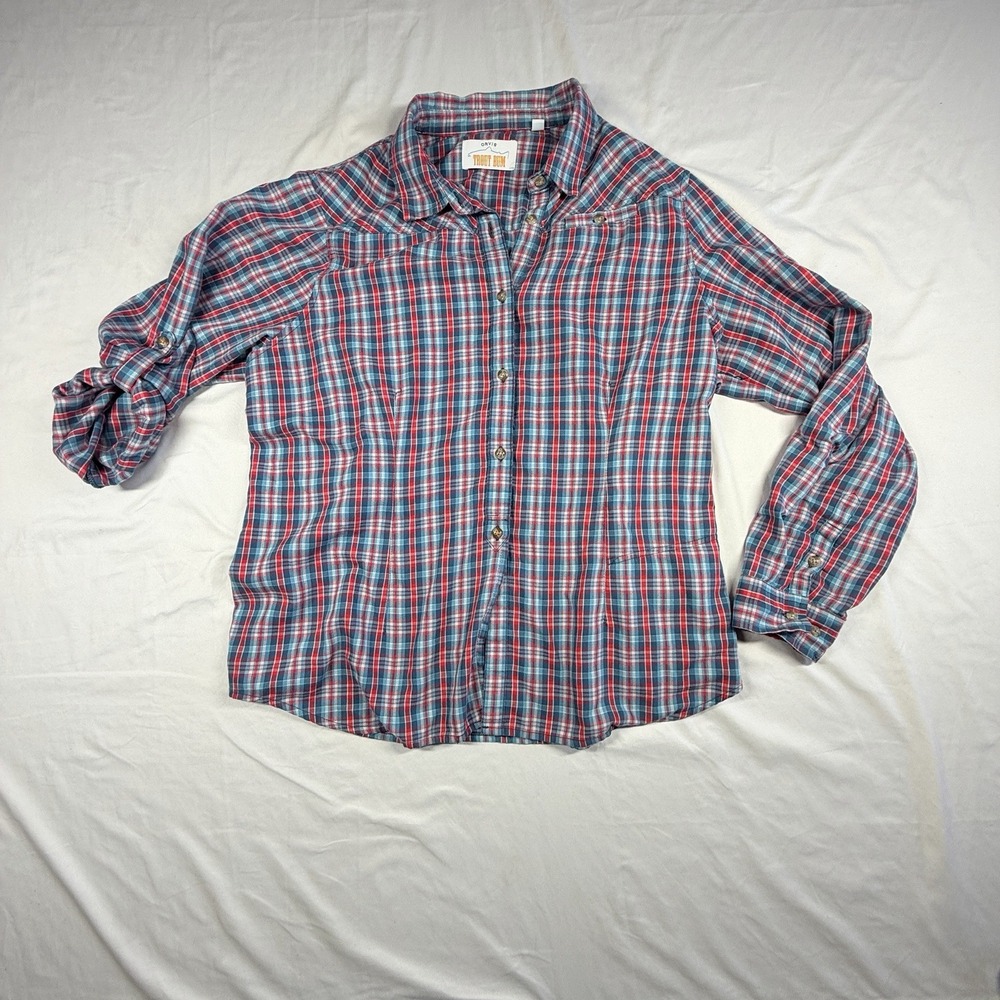 ORVIS Trout Bum Brushed Cotton Plaid Button Up Shirt Size XL Womens Red Blue